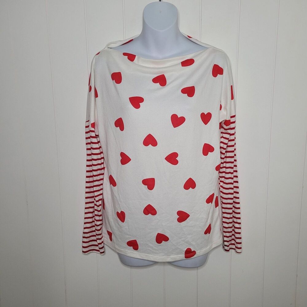 BiBi Top Womens Size Small Red White Novelty Heart Striped Long Sleeve Valentine